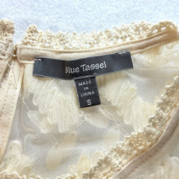 Anthropologie BLUE TASSEL Ivory Semi Sheer Top Sleeveless Embellished - Picture 9 of 10